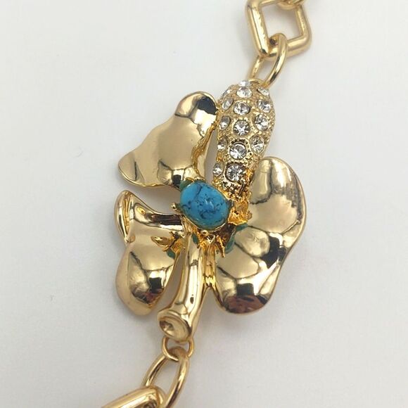 Funky Vintage Goldtone Rhinestone & Faux Turquoise Flower Bracelet - Picture 5 of 7